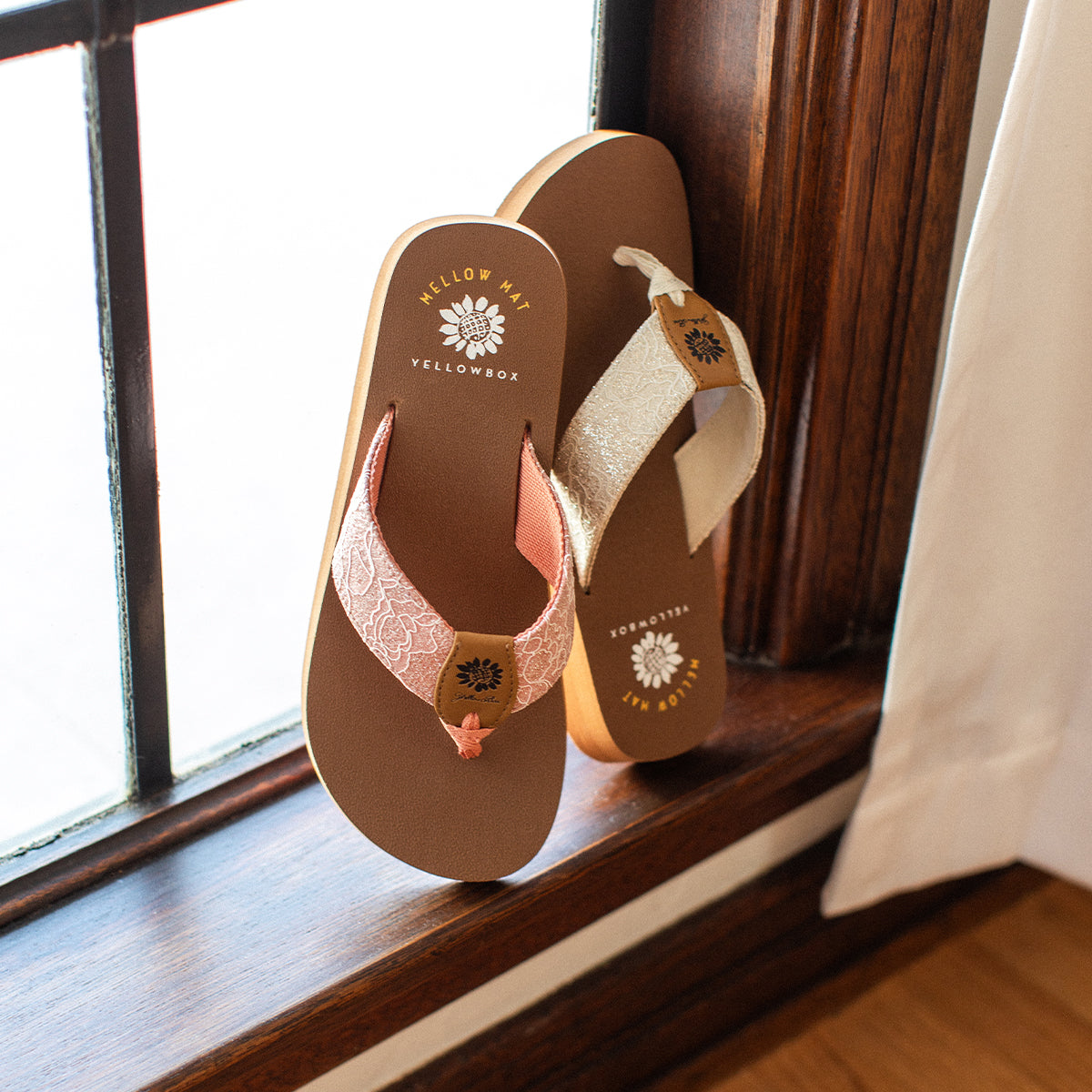 yellow box rose gold flip flops